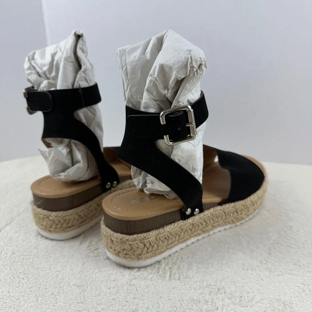 SODA‎ Black Espadrille Platform Wedge Sandals Ankle Strap Buckle Women's 7.5